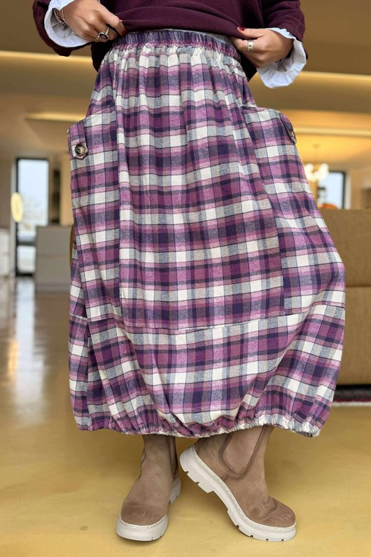 Roberta Plaid Brushed Cotton Balloon Hem Skirt Aubergine